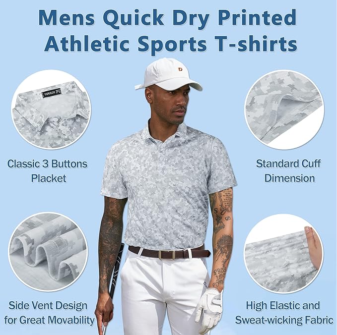 TAPULCO Mens Quick Dry Polo Shirts Camouflage Pattern Performance Athletic Lightweight Breathable Casual Golf Tshirts