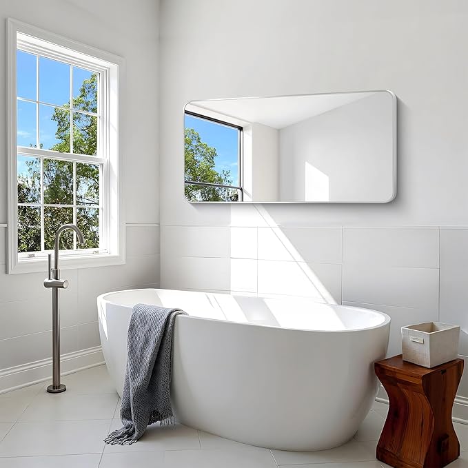 Silver Bathroom Mirror,24x48 inch Wall Mirror for Bathroom Wall Mounted,Rectangle Mirror for Bathroom Over Sink,Modern Frame Round Corner for Living Room,Bedroom Entryway,Horizontal/Vertical