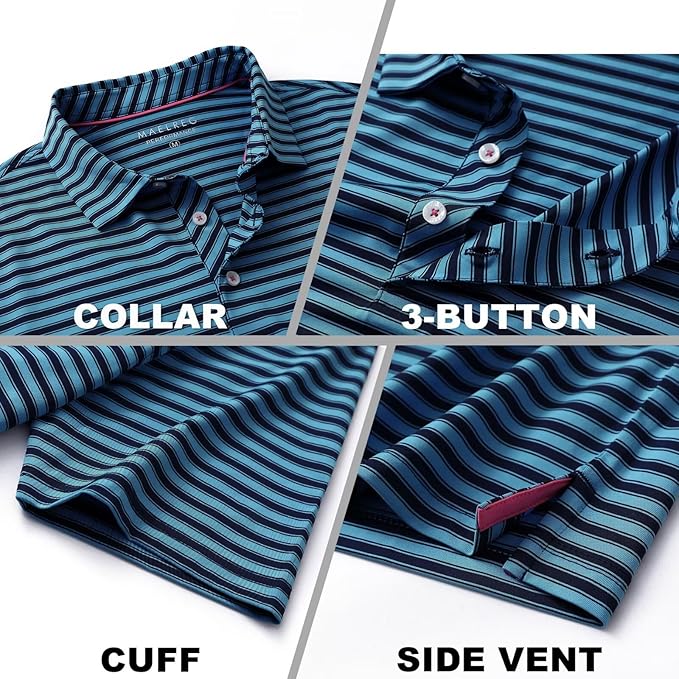 M MAELREG Golf Shirts for Men Short Sleeve Dry Fit Casual Striped Performance Moisture Wicking Collared Mens Polo Shirts