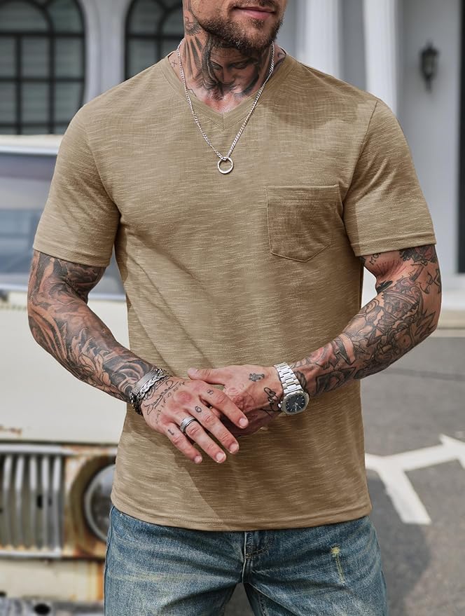 Men's V Neck T Shirts Casual Stylish Fitted Stretch Tee Shirt with Pocket (S-3XL)