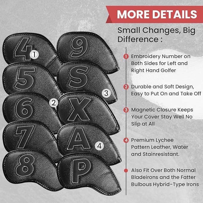 Golf Iron Covers Set Strong Magnetic Closure Value 10 Pack, Double Side Number Synthetic Leather Deluxe Club Headcover, Universal Head Cover Fit Main Irons Clubs for Women Men