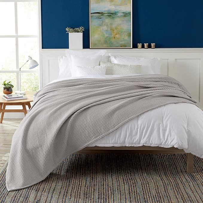 100% Cotton Waffle Weave Bed Blanket | Soft, Breathable, and Lightweight Blanket for All-Season | Perfect for Layering | Brielle Collection (Full/Queen, Light Grey)