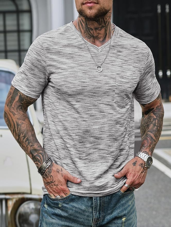 Men's V Neck T Shirts Casual Stylish Fitted Stretch Tee Shirt with Pocket (S-3XL)