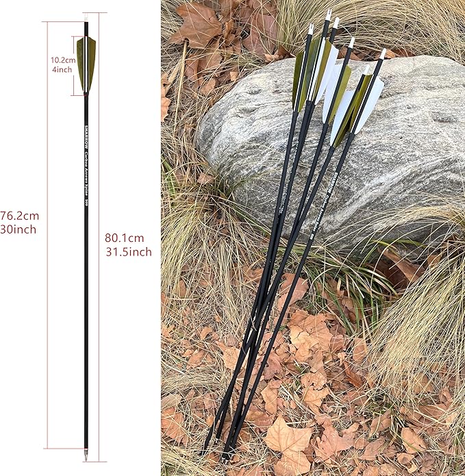 ZSHJGJR 30 Inch Archery Carbon Arrows Hunting Arrows with 4” Turkey Feather Target Practice Arrows Spine 500 for Compound & Recurve &Traditional Bow 6/12pcs